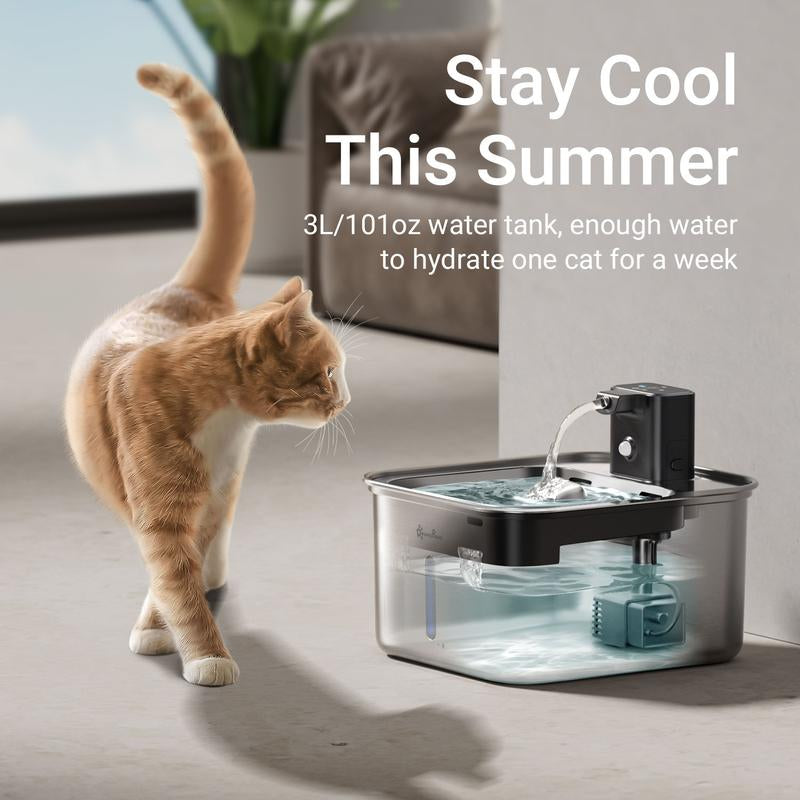 Downypaws Wireless Stainless Steel Cat Water Fountain - 101 Oz/3L Automatic Pet Dispenser with Motion Sensor, Cordless Design, Perfect Christmas Gift for Cats and Dogs