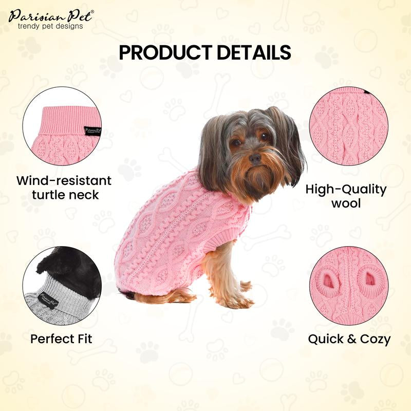 Chic Parisian Pet Pink Turtle Neck Cable Knit Dog Sweater - Cozy Pullover for All Sizes - Perfect Gift for Stylish Puppies & Dogs