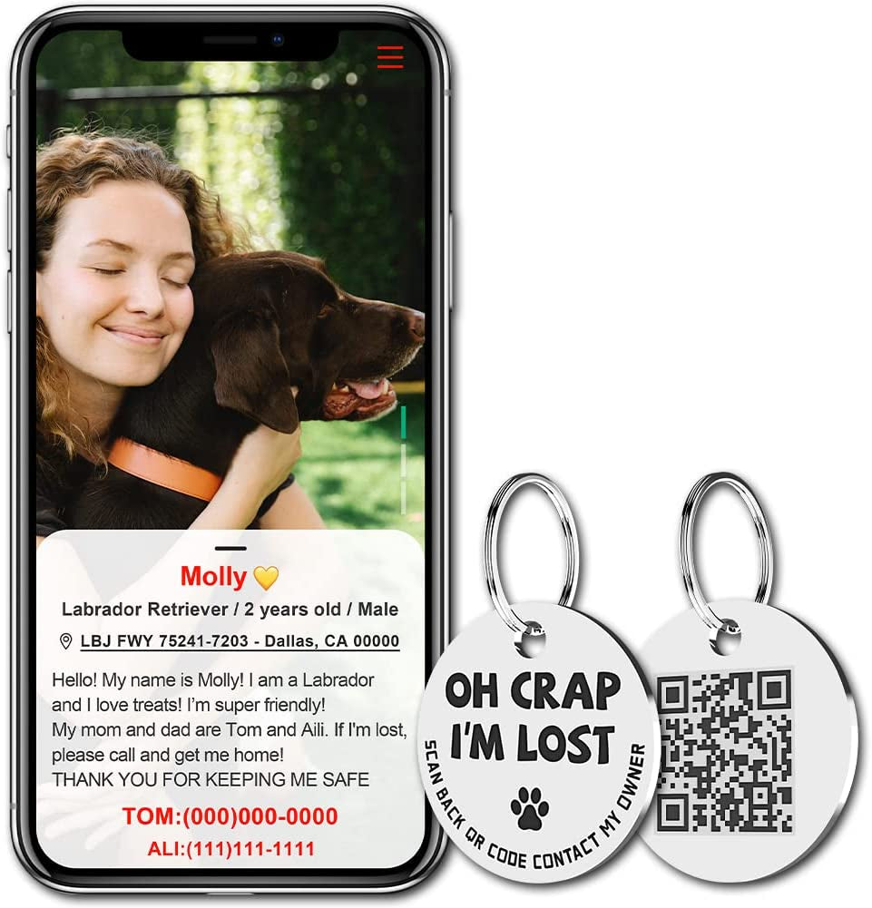 Stainless Steel QR Code Pet ID Tags - Instant Location Alerts & Online Pet Profiles!