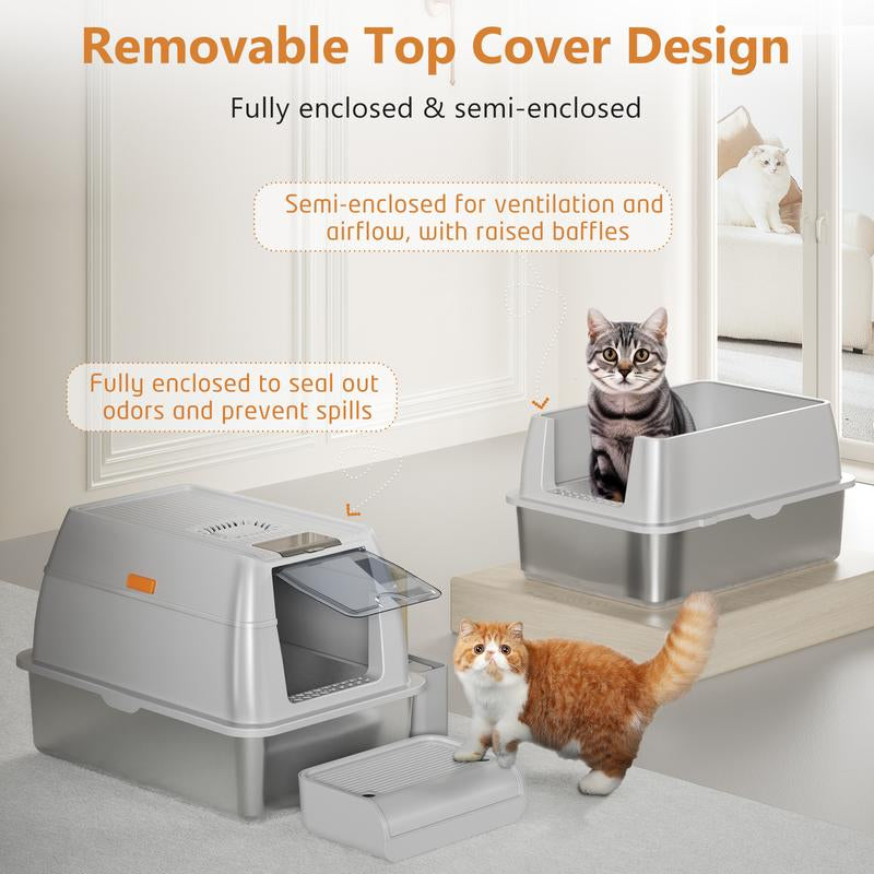 Extra Large Stainless Steel Cat Litter Box with High Sides & Scoop - Removable, Anti-Leakage, Non-Sticky, Easy to Clean (Grey)