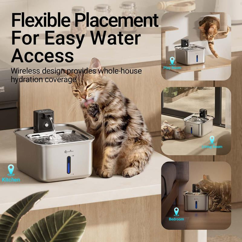 Downypaws Wireless Stainless Steel Cat Water Fountain - 101 Oz/3L Automatic Pet Dispenser with Motion Sensor, Cordless Design, Perfect Christmas Gift for Cats and Dogs