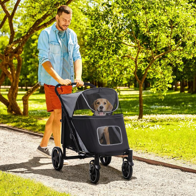 Halo Mall One-Click Foldable Pet Stroller for Medium to Large Dogs - Smooth Ride with Shock Absorption, Safety Leash & Storage - Stylish Gray Design