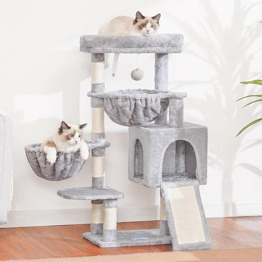 Deluxe Cat Tree Tower - Cozy Condo with Padded Bed, Hammocks & Sisal Scratching Posts for Indoor Cats