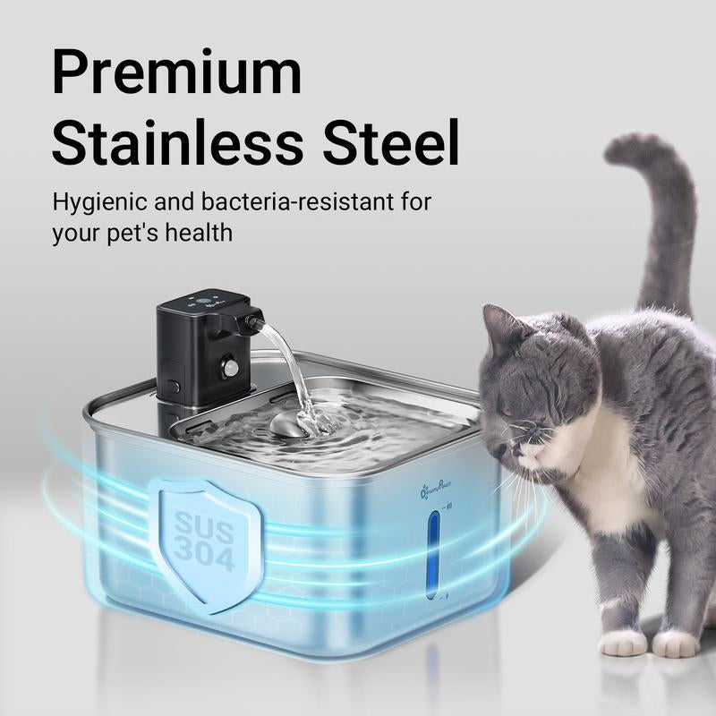 Downypaws Wireless Stainless Steel Cat Water Fountain - 101 Oz/3L Automatic Pet Dispenser with Motion Sensor, Cordless Design, Perfect Christmas Gift for Cats and Dogs