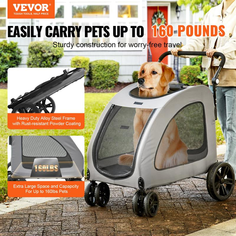 VEVOR 4-Wheel Pet Stroller for Medium & Large Dogs - Heavy-Duty, Breathable Mesh, Adjustable Height, 160Lbs Capacity, Dark Grey