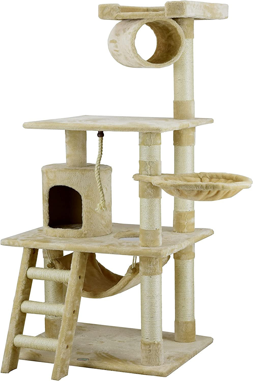 Luxurious 62" Classic Cat Tree with Faux Fur & Sisal Rope Scratcher - Beige