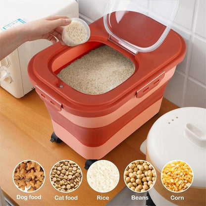 Ultimate Pet Food Storage Solution: Large Capacity Box with Lid, Wheels, Scoop, Measuring Cup & Travel Bowl - Perfect for Home & Kitchen!