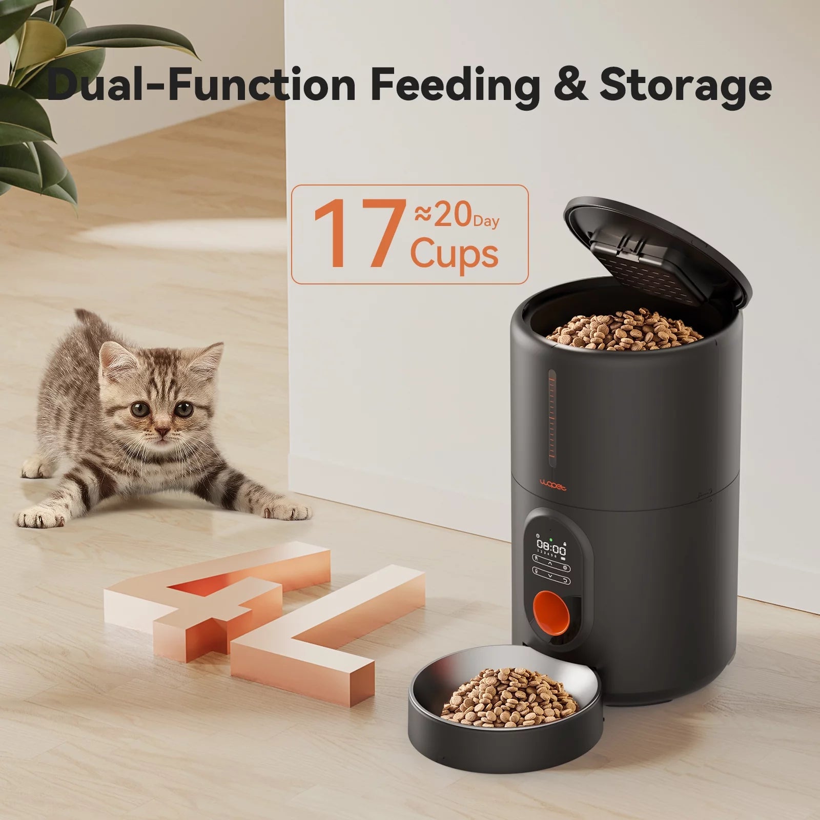 Smart Automatic Dog and Cat Feeder with Stainless Steel Bowl - 4L Capacity, Sleek Black Design