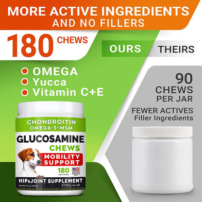 Delicious Glucosamine Chews for Dogs - Advanced Joint & Hip Care with Omega-3 Fish Oil - 180 Chicken Flavor Treats for Pain Relief - Made in USA