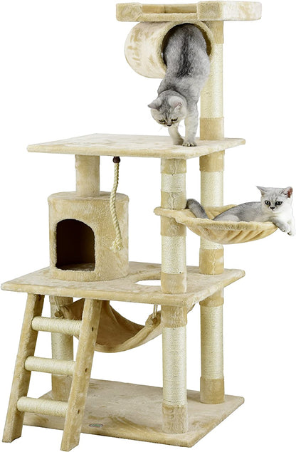 Luxurious 62" Classic Cat Tree with Faux Fur & Sisal Rope Scratcher - Beige