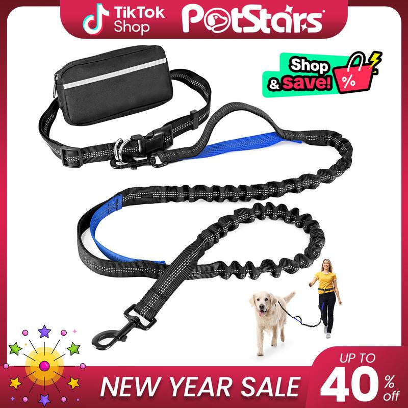 Petstars Hands-Free Dog Leash with Zipper Pouch - Adjustable Bungee Waist Belt & Dual Padded Handles for Medium to Large Dogs (Up to 120 lbs) - Perfect for Walking, Jogging & Running