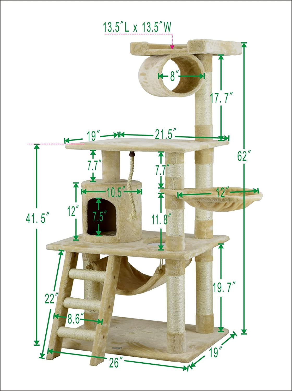 Luxurious 62" Classic Cat Tree with Faux Fur & Sisal Rope Scratcher - Beige