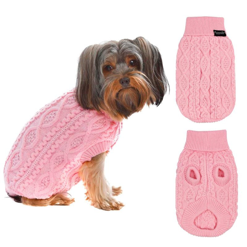 Chic Parisian Pet Pink Turtle Neck Cable Knit Dog Sweater - Cozy Pullover for All Sizes - Perfect Gift for Stylish Puppies & Dogs