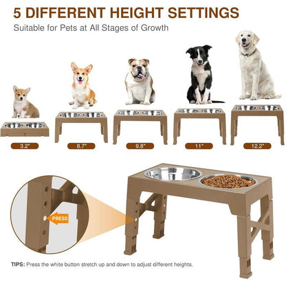 Adjustable Elevated Dog Bowls - 5 Heights for All Pets with Double Stainless Steel Bowls