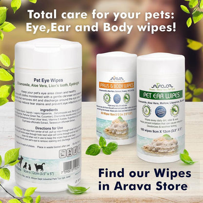 Arava Natural Pet Eye Wipes - 100 Count for Dogs, Cats, Puppies & Kittens - Eliminate Discharge, Crust, and Tear Stains