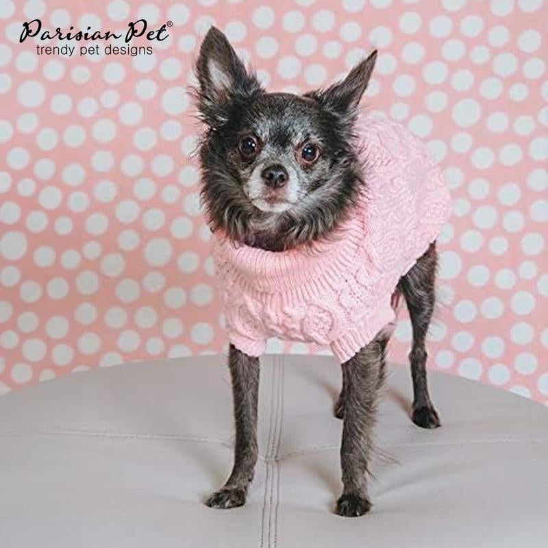 Chic Parisian Pet Pink Turtle Neck Cable Knit Dog Sweater - Cozy Pullover for All Sizes - Perfect Gift for Stylish Puppies & Dogs