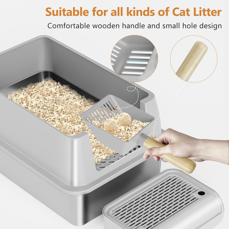 Extra Large Stainless Steel Cat Litter Box with High Sides & Scoop - Removable, Anti-Leakage, Non-Sticky, Easy to Clean (Grey)