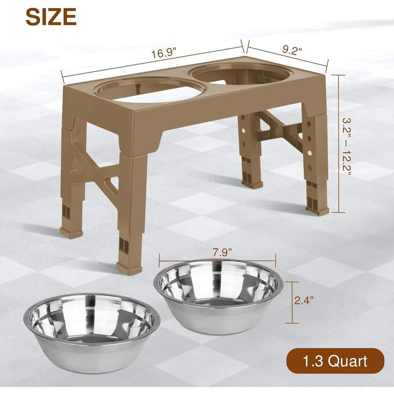 Adjustable Elevated Dog Bowls - 5 Heights for All Pets with Double Stainless Steel Bowls