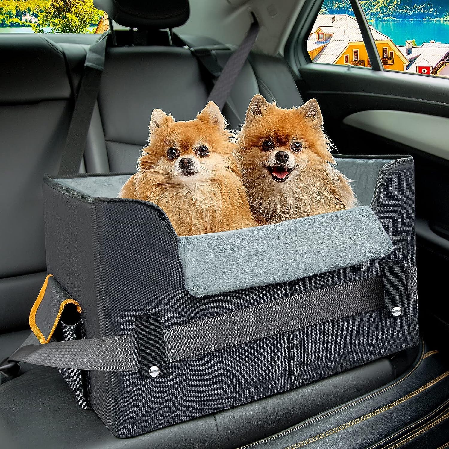 Elevated Dog Car Seat for Small Pets - Adjustable Booster Travel Carrier Bed for Dogs and Cats