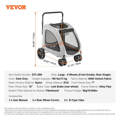 VEVOR 4-Wheel Pet Stroller for Medium & Large Dogs - Heavy-Duty, Breathable Mesh, Adjustable Height, 160Lbs Capacity, Dark Grey