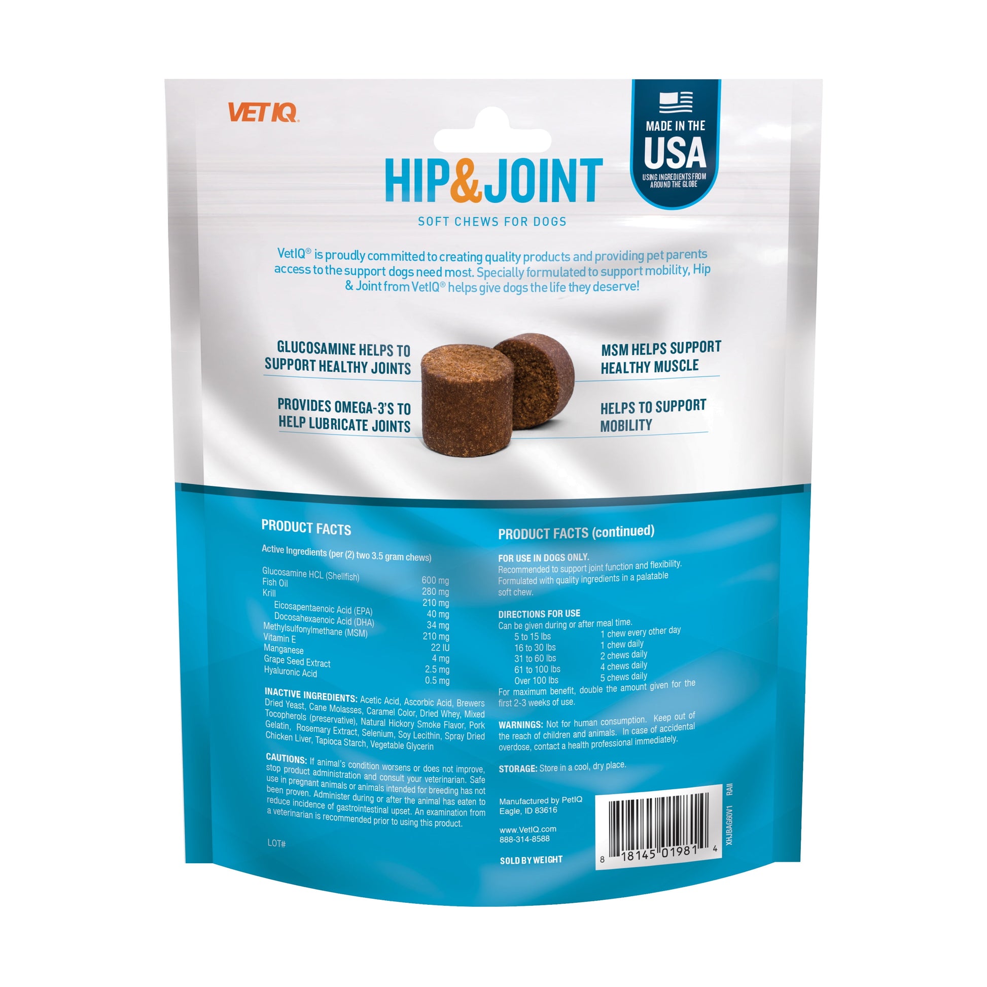 Hip & Joint Care for Dogs - 6 Pack of Delicious Chicken Flavored Soft Chews, 60 Count, 7.4 Oz