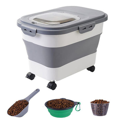 Ultimate Pet Food Storage Solution: Large Capacity Box with Lid, Wheels, Scoop, Measuring Cup & Travel Bowl - Perfect for Home & Kitchen!