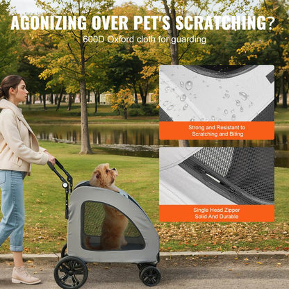 VEVOR 4-Wheel Pet Stroller for Medium & Large Dogs - Heavy-Duty, Breathable Mesh, Adjustable Height, 160Lbs Capacity, Dark Grey