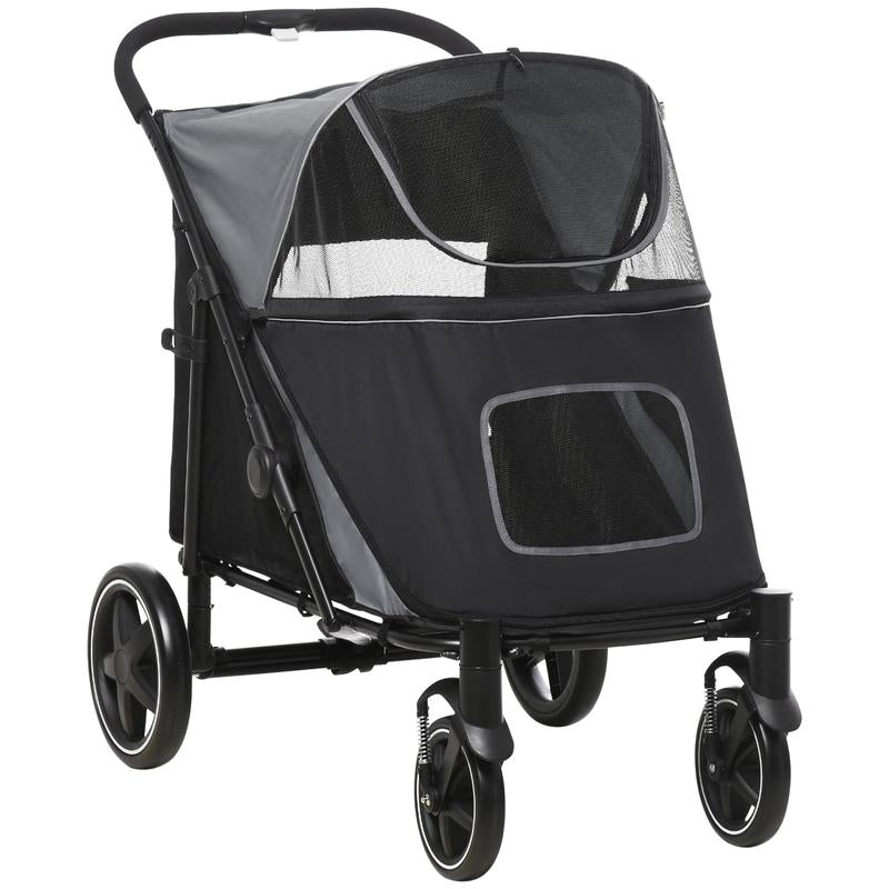 Halo Mall One-Click Foldable Pet Stroller for Medium to Large Dogs - Smooth Ride with Shock Absorption, Safety Leash & Storage - Stylish Gray Design