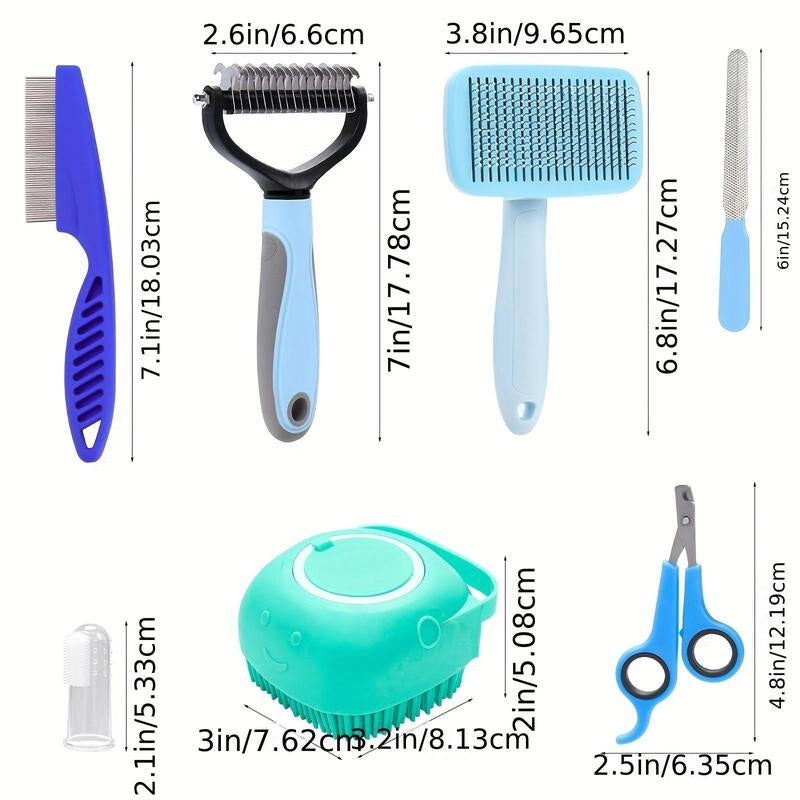 Ultimate Pet Grooming Kit: 8-Piece Set with Nail Clippers, Scissors, Shampoo Brush, Hair Removal Brush & Silicone Toothbrush for Dogs & Cats