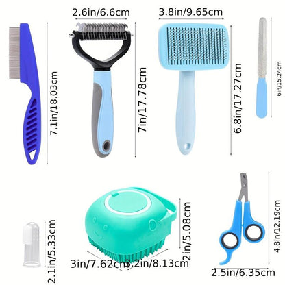 Ultimate Pet Grooming Kit: 8-Piece Set with Nail Clippers, Scissors, Shampoo Brush, Hair Removal Brush & Silicone Toothbrush for Dogs & Cats