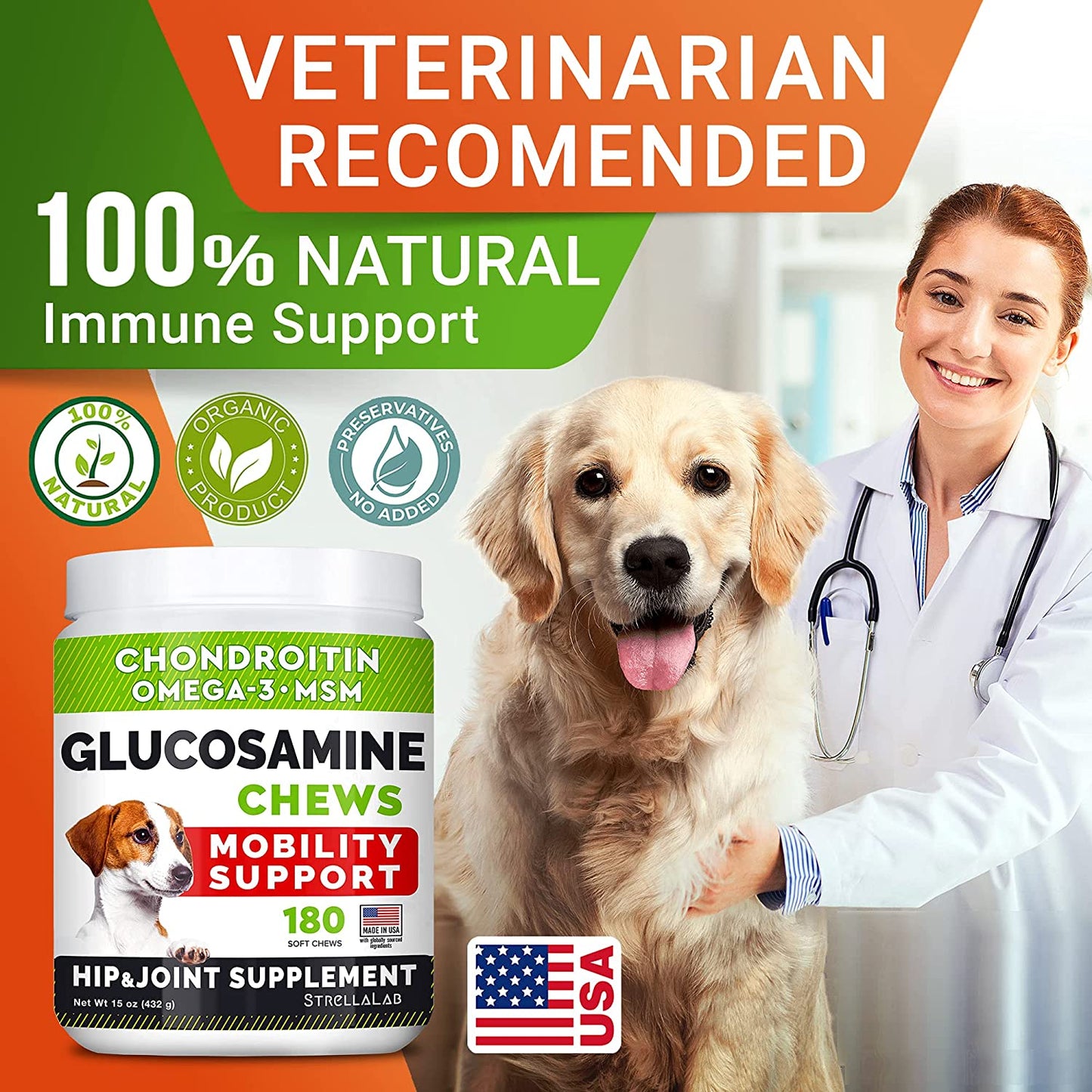 Delicious Glucosamine Chews for Dogs - Advanced Joint & Hip Care with Omega-3 Fish Oil - 180 Chicken Flavor Treats for Pain Relief - Made in USA