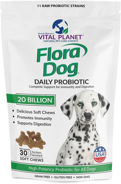 Flora Dog Probiotics - 20 Billion Cultures & 11 Strains for Immune & Digestive Support - Delicious Bacon Flavored Soft Chews for Dogs - 30 Count