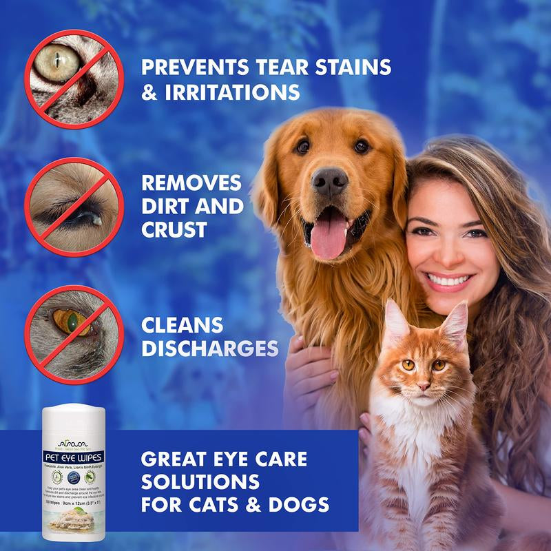 Arava Natural Pet Eye Wipes - 100 Count for Dogs, Cats, Puppies & Kittens - Eliminate Discharge, Crust, and Tear Stains