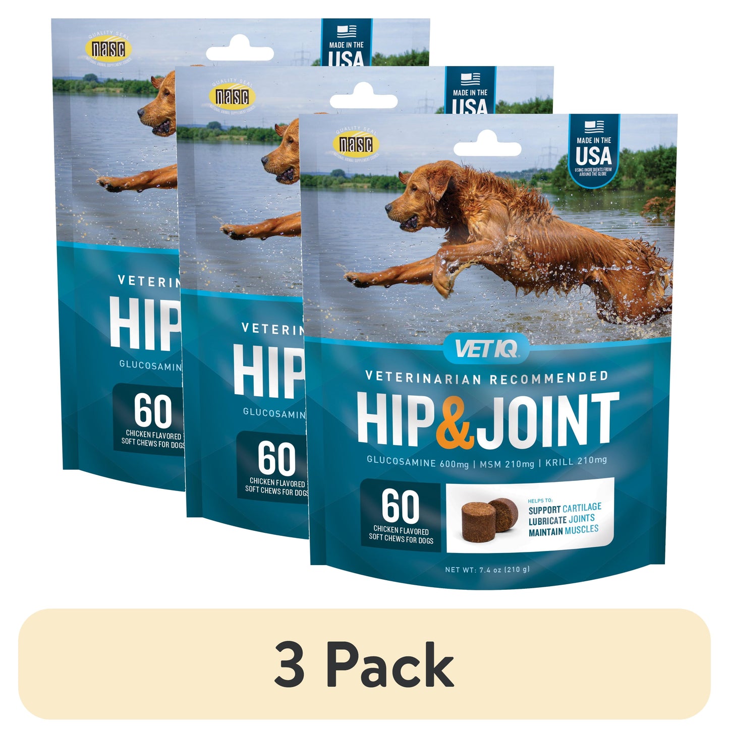 Hip & Joint Support for Dogs - 3 Pack Chicken Flavored Soft Chews, 60 Count, 7.4 Oz