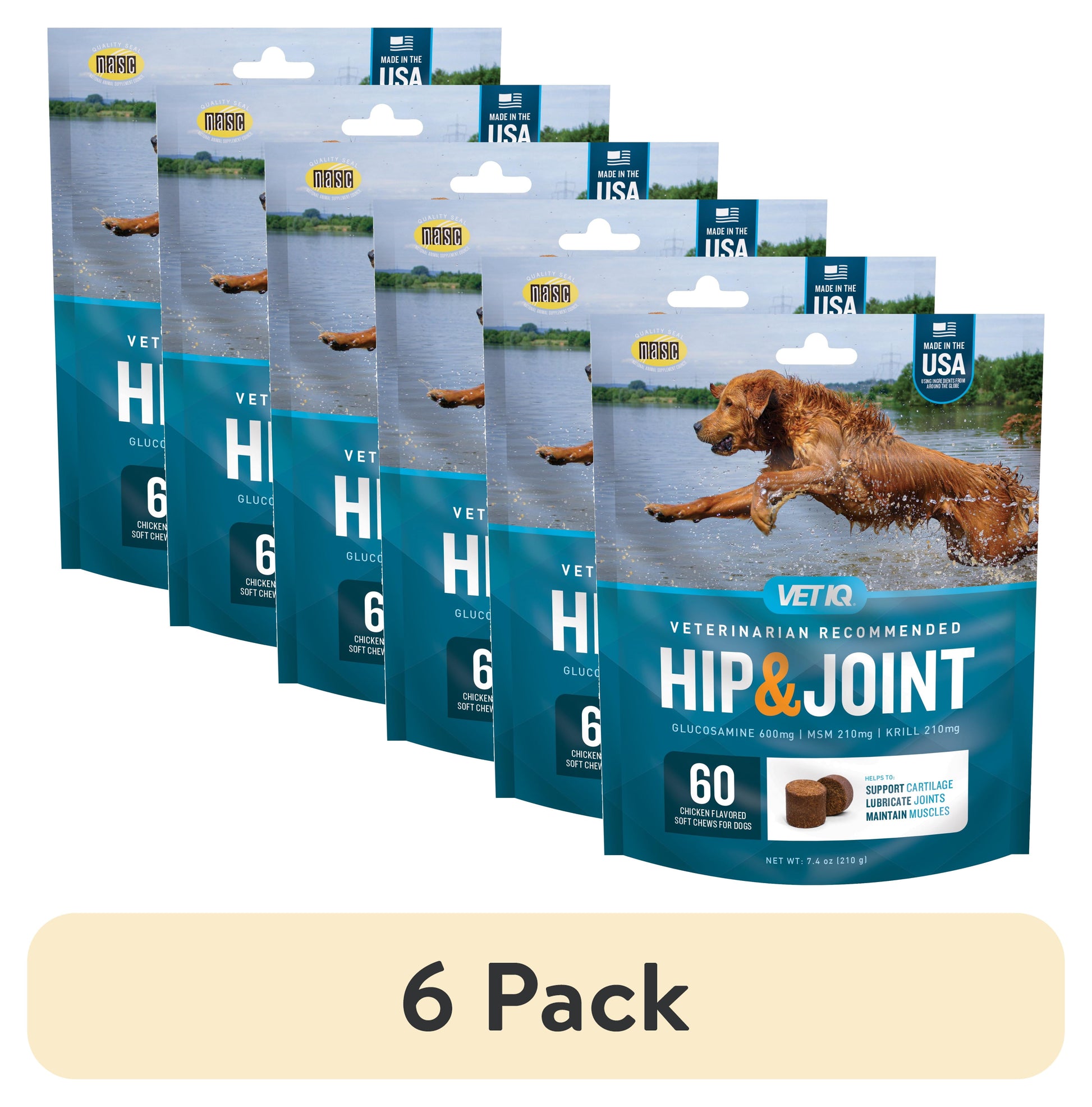 Hip & Joint Care for Dogs - 6 Pack of Delicious Chicken Flavored Soft Chews, 60 Count, 7.4 Oz