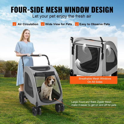 VEVOR 4-Wheel Pet Stroller for Medium & Large Dogs - Heavy-Duty, Breathable Mesh, Adjustable Height, 160Lbs Capacity, Dark Grey