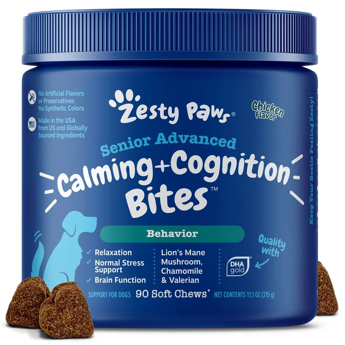 Senior Dog Calming & Cognition Bites - Chicken Flavor, 90 Count for Brain Health & Stress Relief