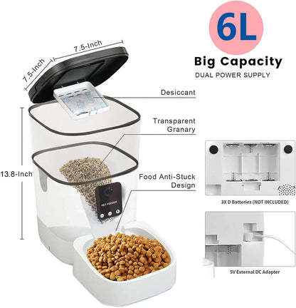 Smart 6L Automatic Pet Feeder with 1080P Camera, App Control & Voice Recorder - Perfect for Cats & Dogs!