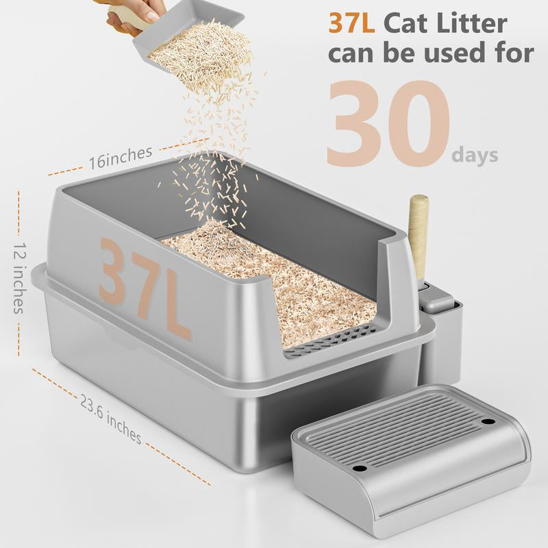 Extra Large Stainless Steel Cat Litter Box with High Sides & Scoop - Removable, Anti-Leakage, Non-Sticky, Easy to Clean (Grey)