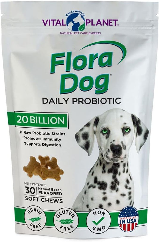 Flora Dog Probiotics - 20 Billion Cultures & 11 Strains for Immune & Digestive Support - Delicious Bacon Flavored Soft Chews for Dogs - 30 Count