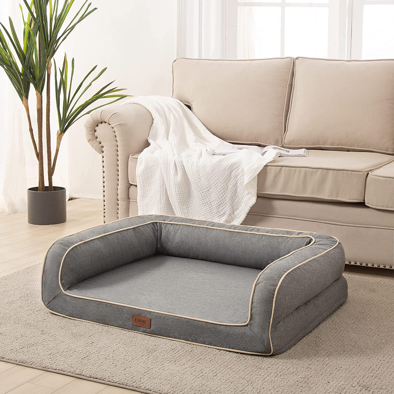 Deluxe Orthopedic Dog Sofa Bed with Egg Foam Mattress & Washable Linen Cover - Perfect for Small, Medium & Large Dogs (Grey, Small)