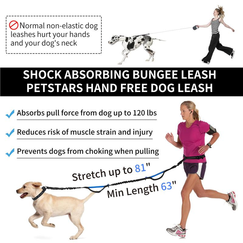 Petstars Hands-Free Dog Leash with Zipper Pouch - Adjustable Bungee Waist Belt & Dual Padded Handles for Medium to Large Dogs (Up to 120 lbs) - Perfect for Walking, Jogging & Running