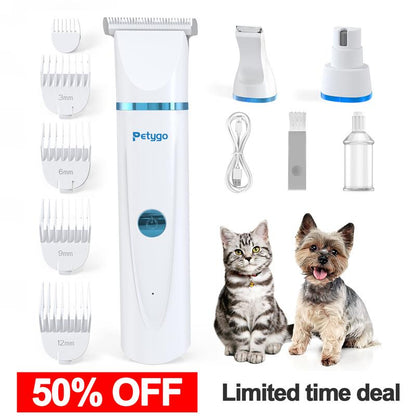 Petygo Ultimate 3-In-1 Dog Grooming Kit - Low-Noise, Rechargeable Clippers with Nail Grinder & Paw Trimmer - Perfect Gift for Pet Lovers!