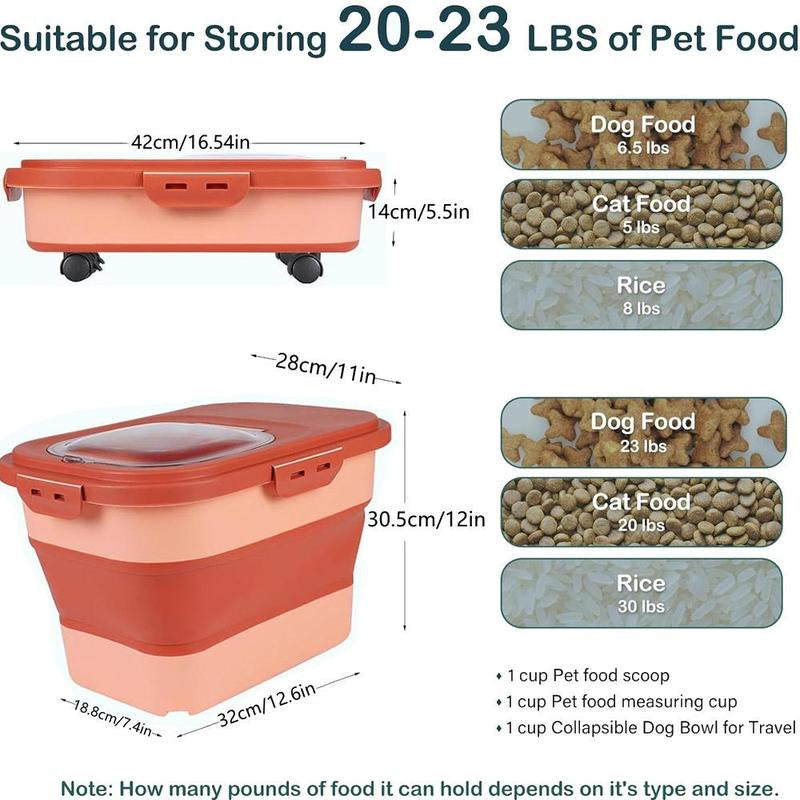 Ultimate Pet Food Storage Solution: Large Capacity Box with Lid, Wheels, Scoop, Measuring Cup & Travel Bowl - Perfect for Home & Kitchen!