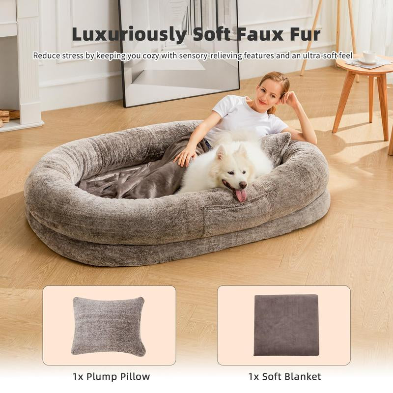 Ultimate Human Dog Bed - Extra Large 71''X47'' Plush Faux Fur for Adults and Kids, Perfect for Napping with Your Pet!