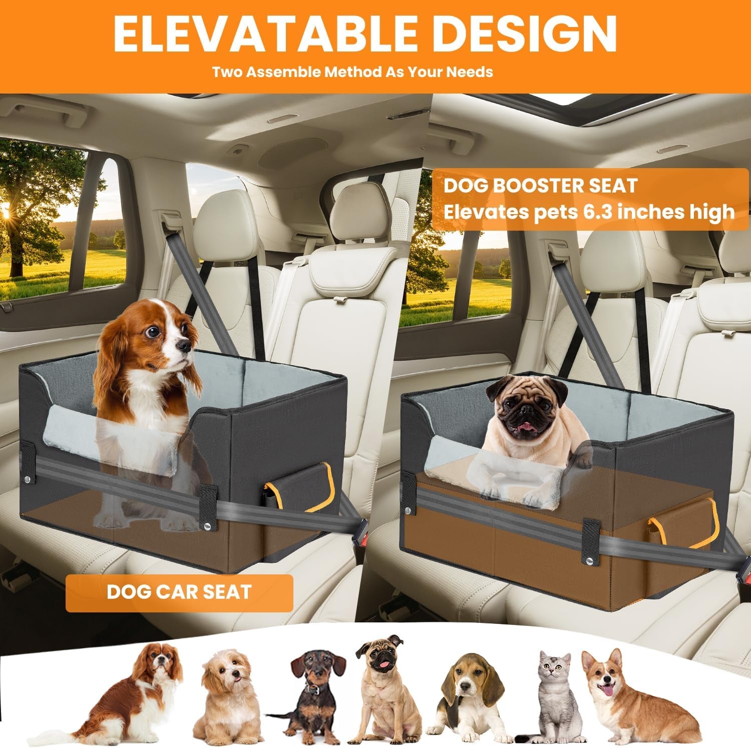 Elevated Dog Car Seat for Small Pets - Adjustable Booster Travel Carrier Bed for Dogs and Cats