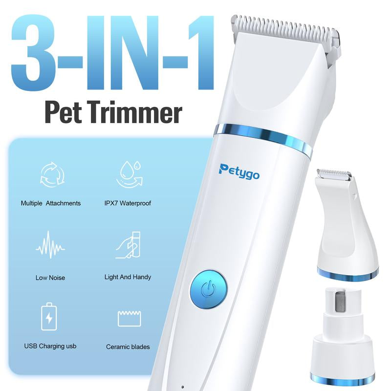 Petygo Ultimate 3-In-1 Dog Grooming Kit - Low-Noise, Rechargeable Clippers with Nail Grinder & Paw Trimmer - Perfect Gift for Pet Lovers!