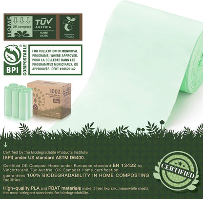 Eco-Friendly 100% Compostable Bin Liners - 30L, 90 Strong & Leak-Proof Bags, Biodegradable PLA + PBAT, Certified BPI ASTM D6400 & EN13432